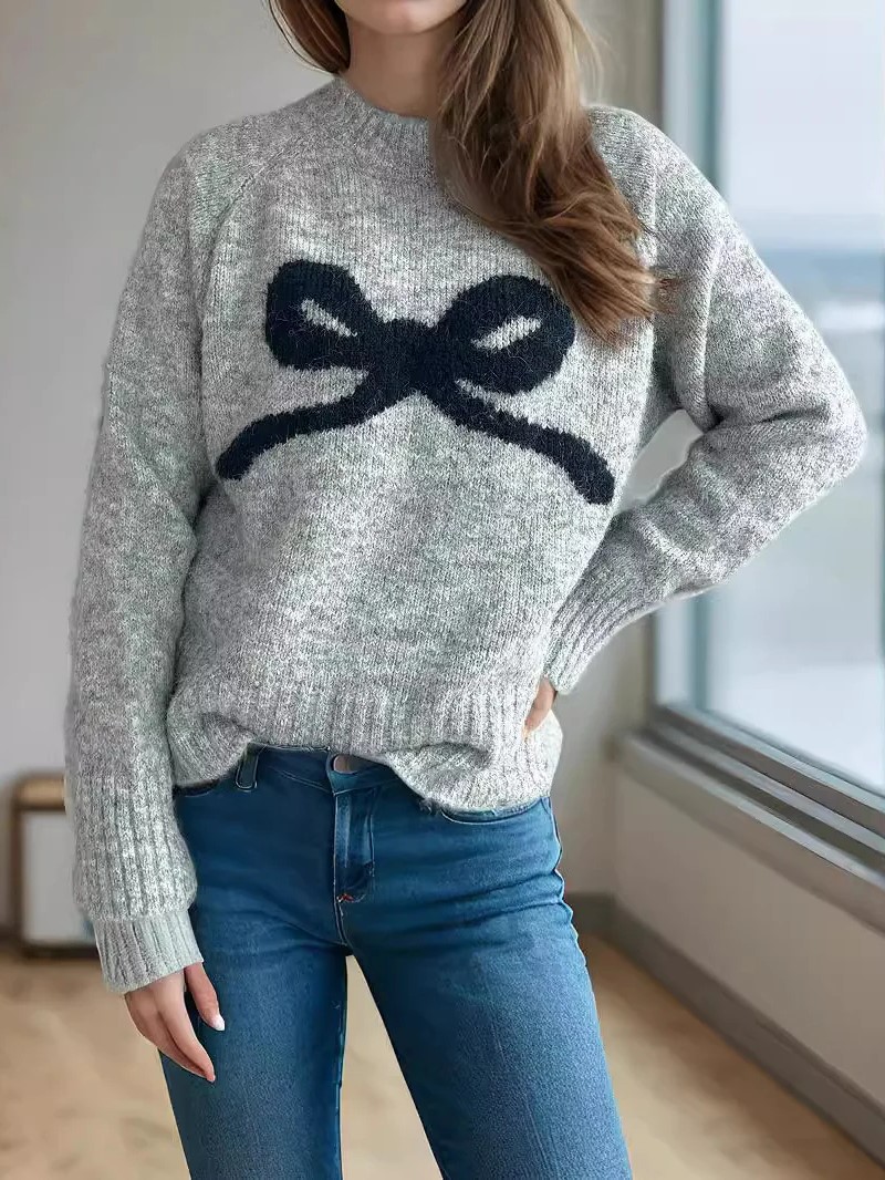 Women's Round Neck Playful Bow Knit Sweater