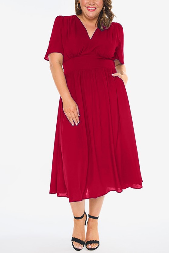 V Neck High Waist Smocked Dress