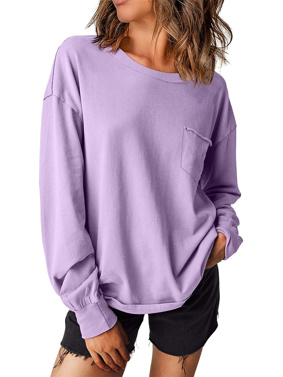 Women's Crewneck Pocket Oversized Basic Long Sleeve Shirts