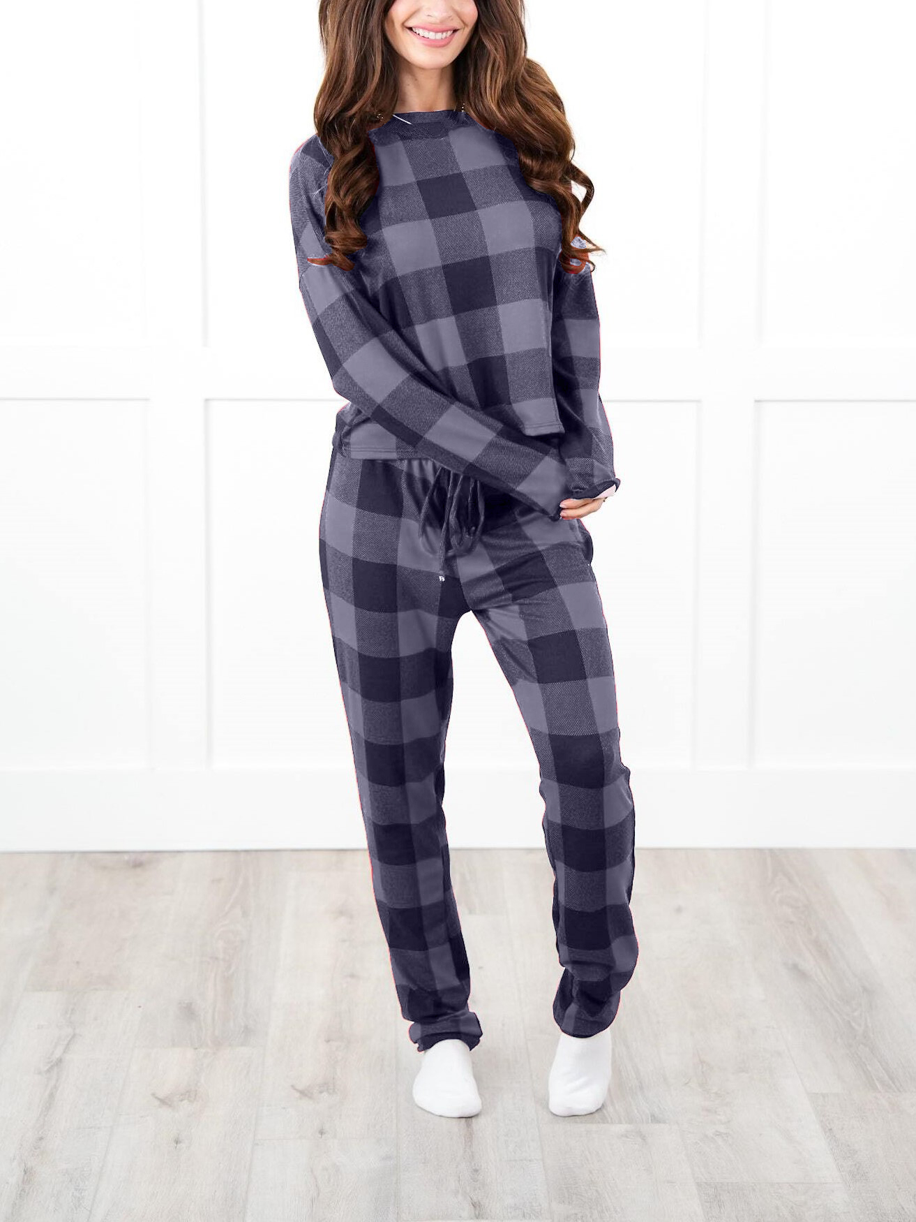 Christmas Plaid Long Sleeve Round Neck Elasic Pants Casual Pajama Set