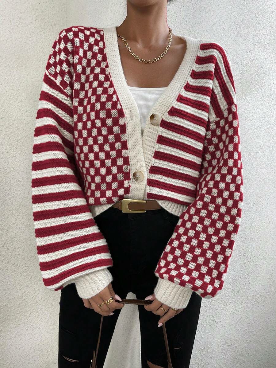 Women's Checker Plaid Striped Pattern Button Up V Neck Cardigan