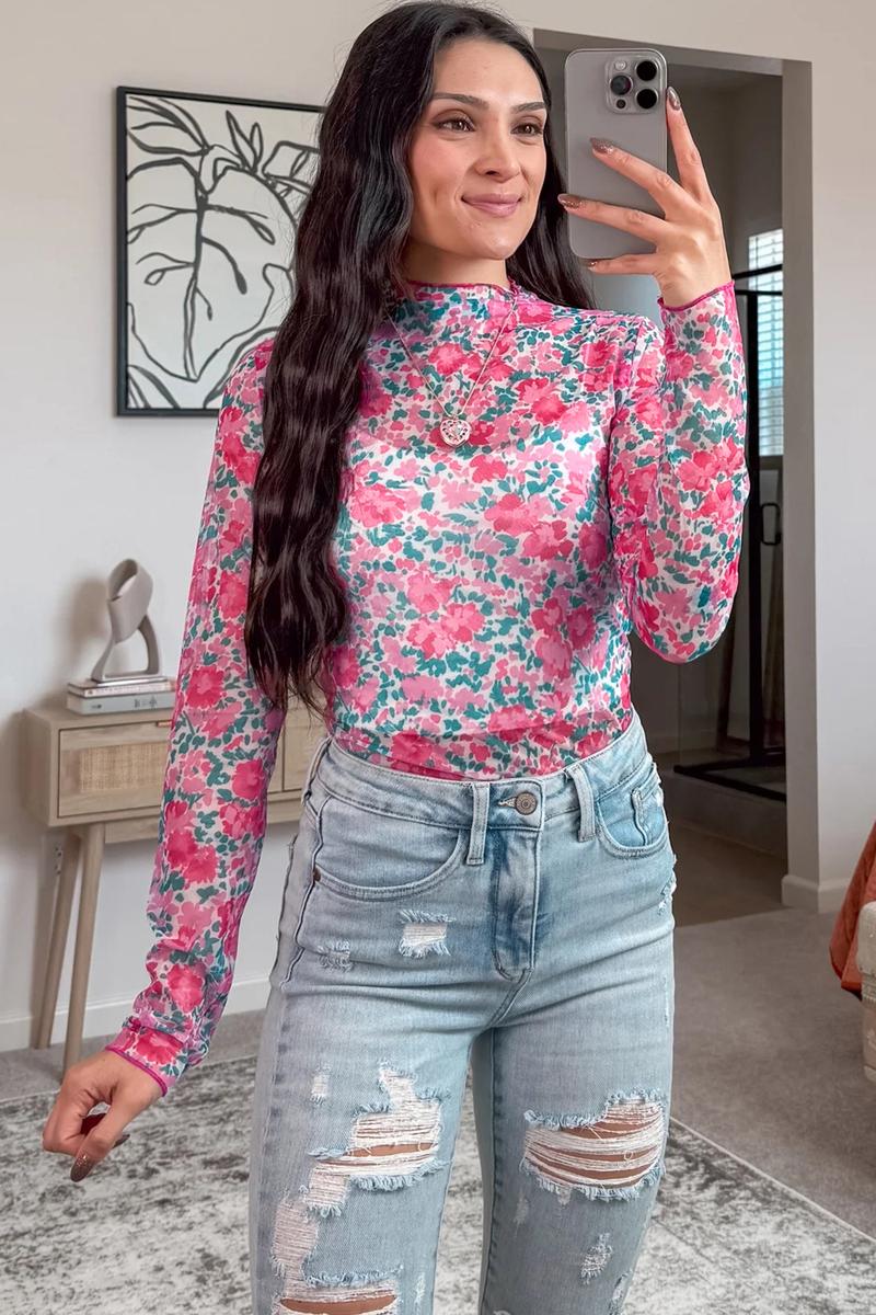 Women's Slim Fit Mock Neck Long Sleeve Mesh Top