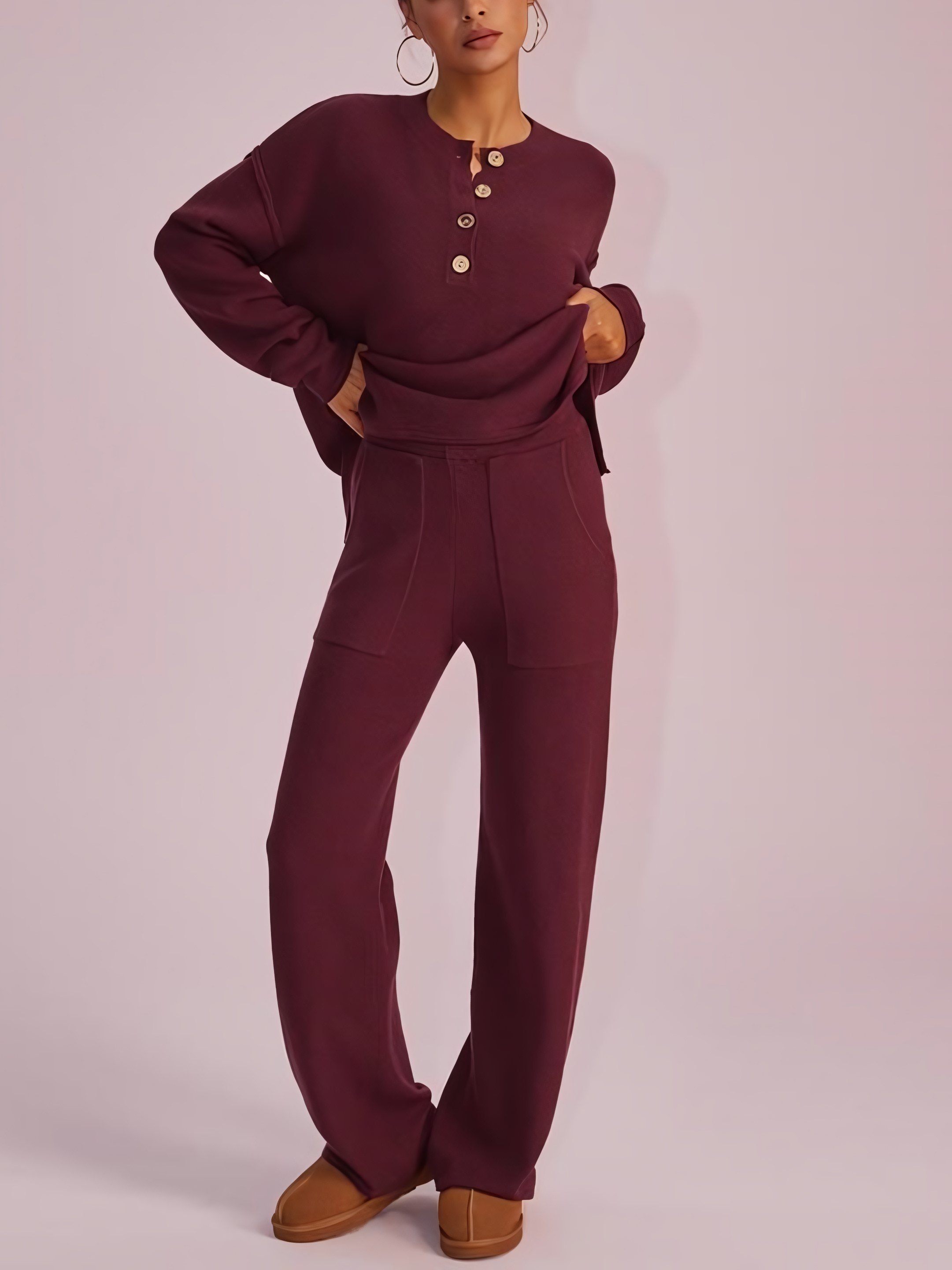 Women's Button Front Top & Wide Leg Pants Waffle Knit Lounge Set