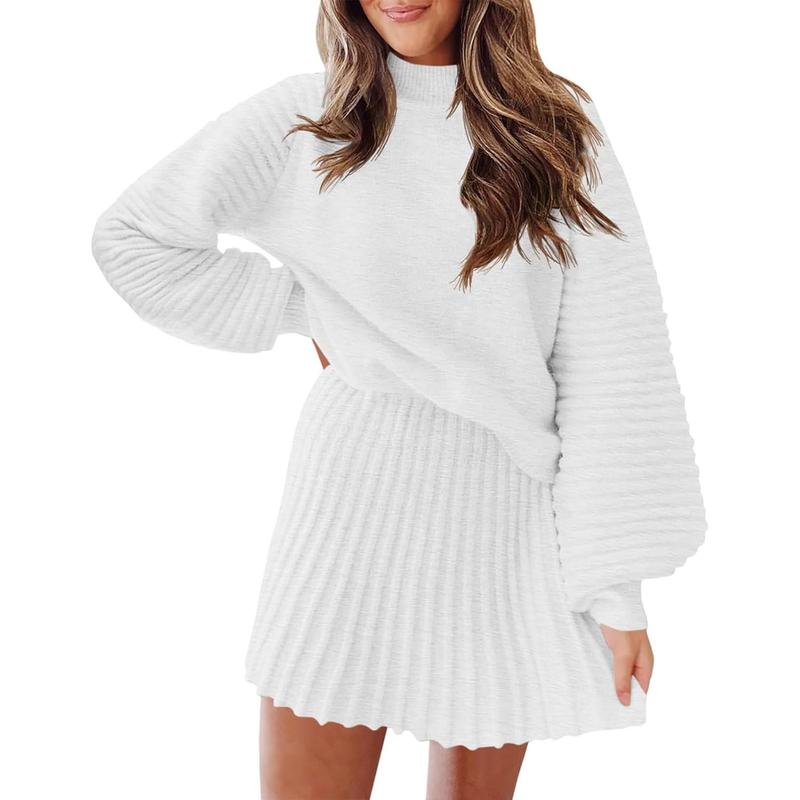Women's 2 Piece Outfits Long Sleeve Mock Neck Ribbed Sweaters And Mini Skirt Two Piece Sets