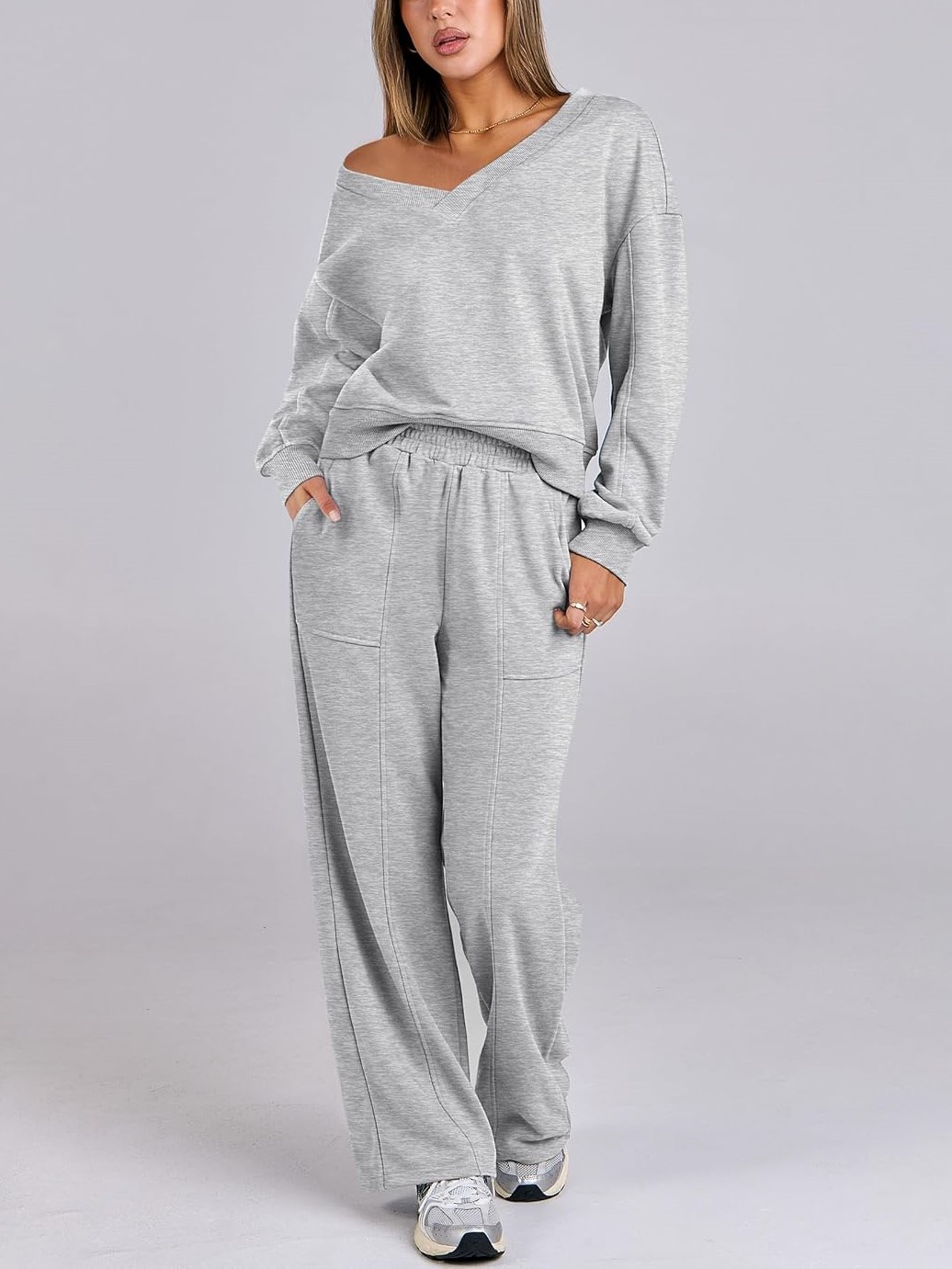 Women's V Neck Sweatshirts Wide Leg Jogger Sweatpants Lounge Sets