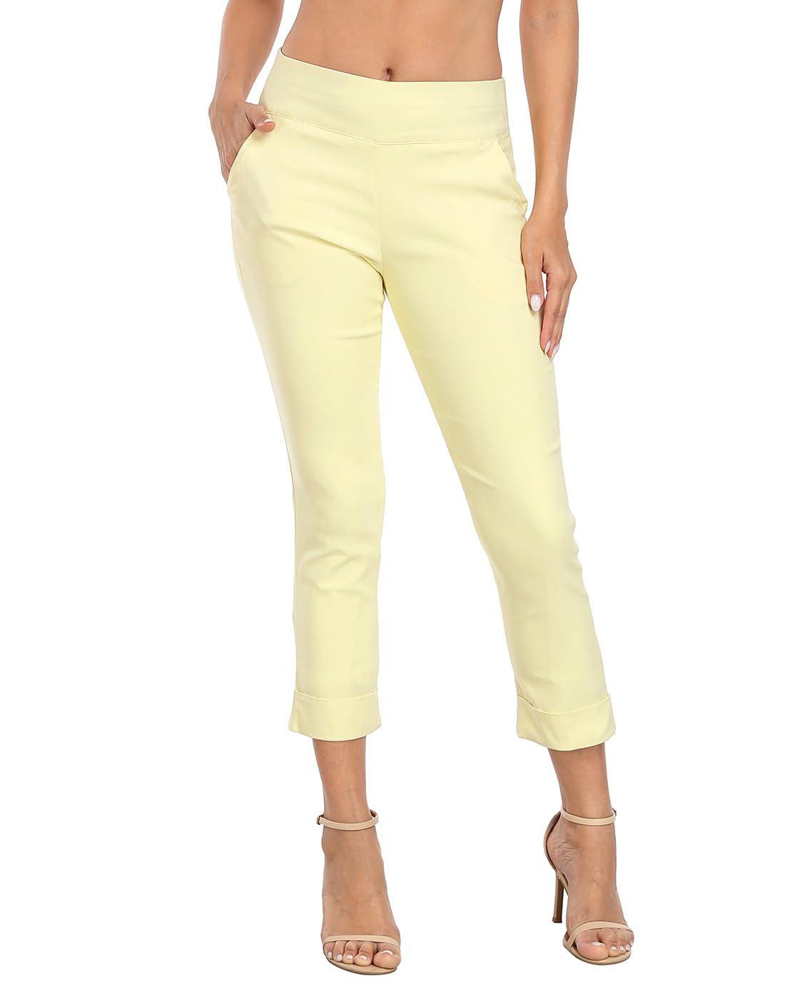 Women's Pull On Capri Pants with Pockets Elastic Waist Cropped Work Pants