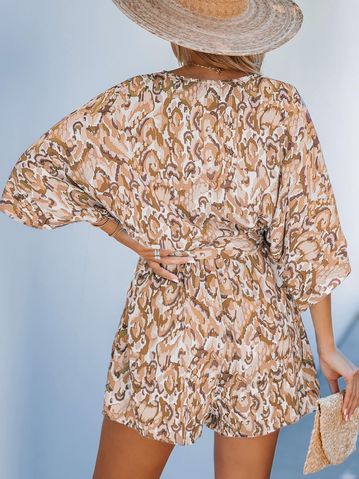 Women's Lace Up Print Romper Short Sleeves Jumpsuits Wide leg Outfit (buy 2 free shipping!!!)