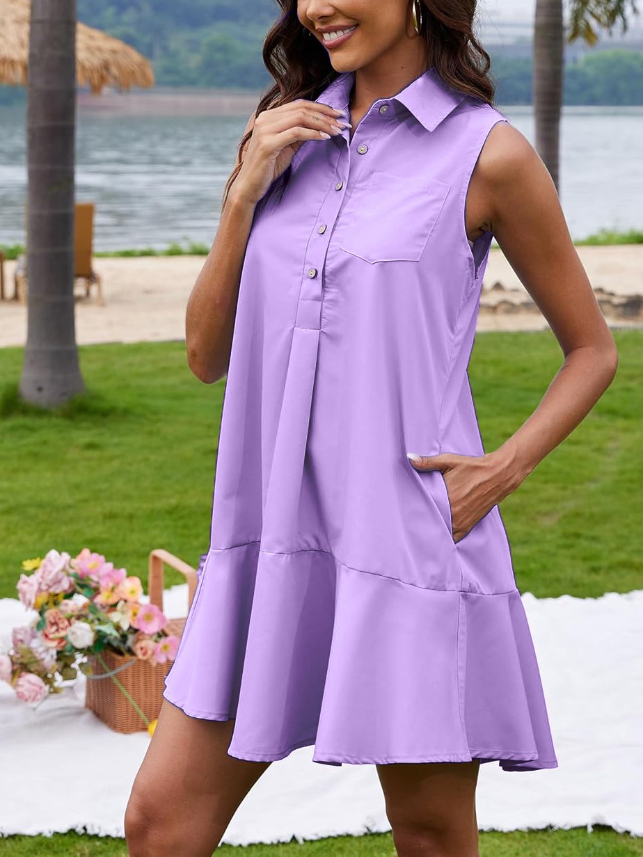 Women's Sleeveless Button Shirt Dress with Pockets