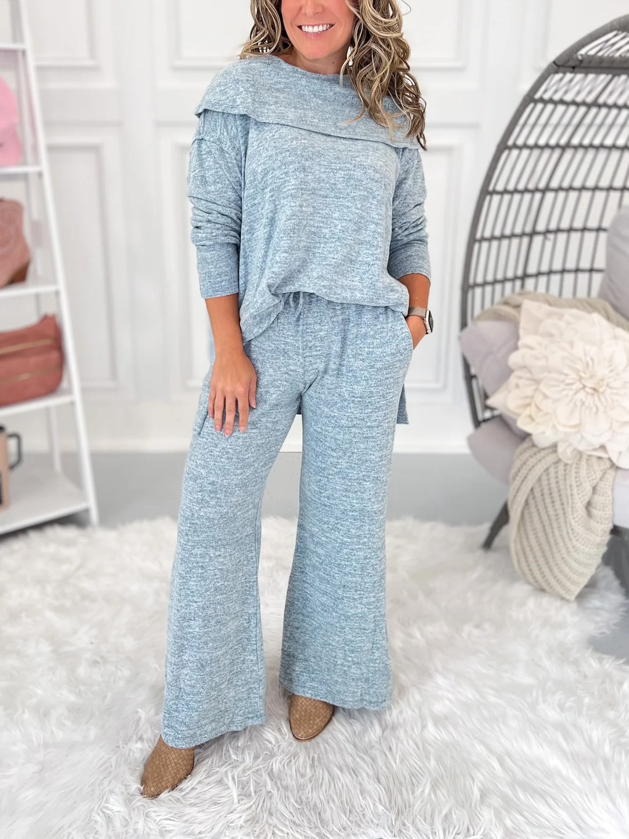 Women's Soft Knit Fold Boat Neck Top and Pants Lounge Set