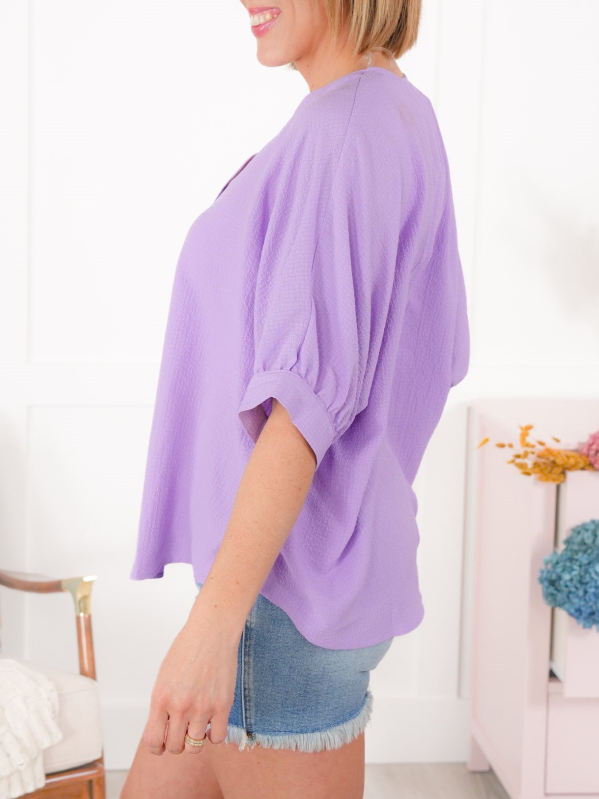 Textured Solid Dolman Sleeve V Neck Blouse