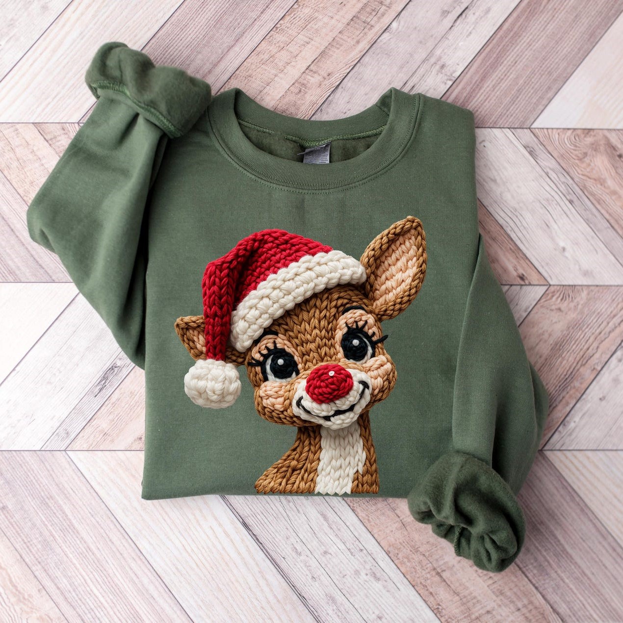 Red-Nosed Reindeer Santa Hat Print Christmas Sweatshirt