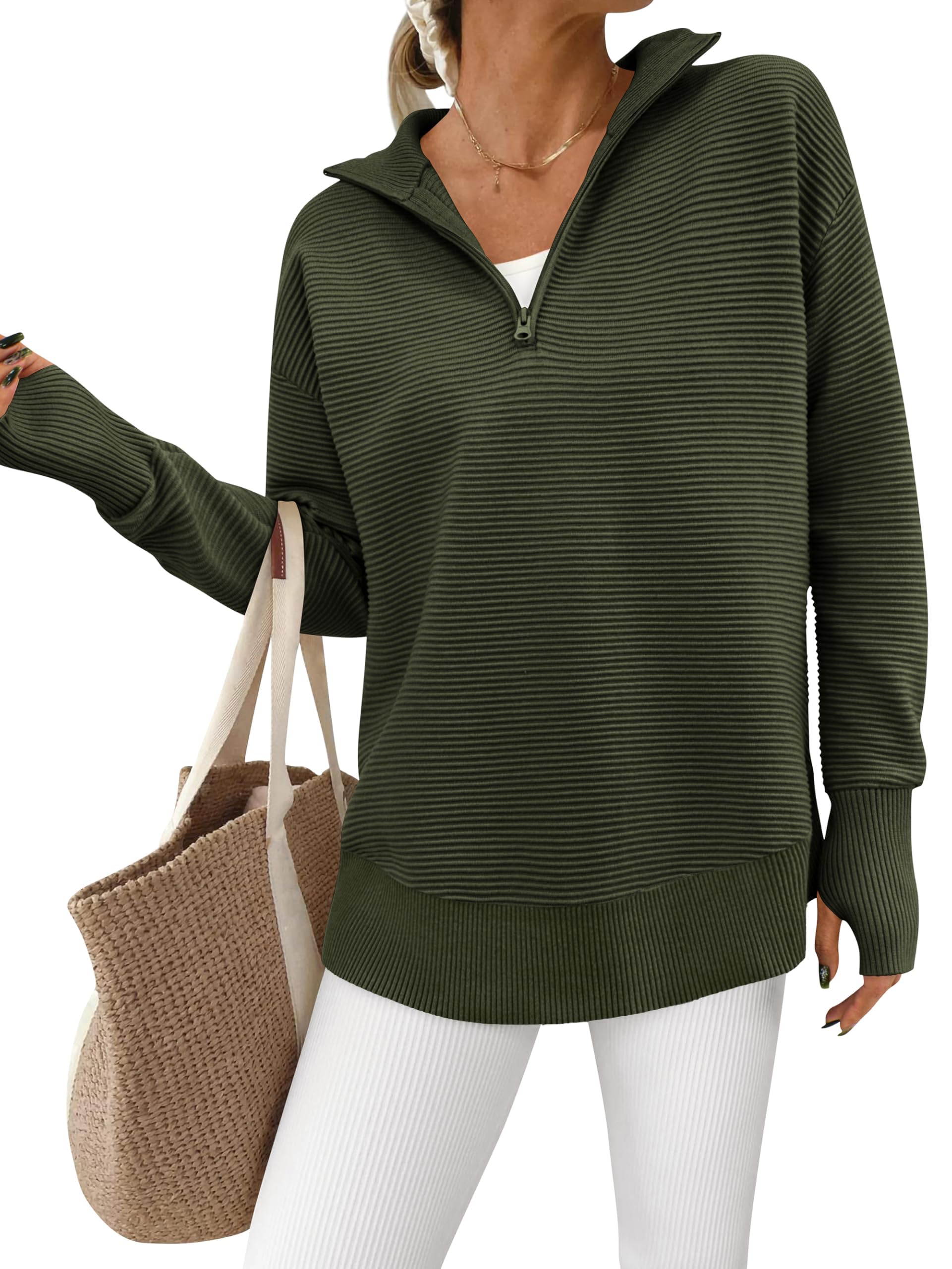 Women's Long Sleeve Quarter Zip Pullover Ribbed Knit Sweater