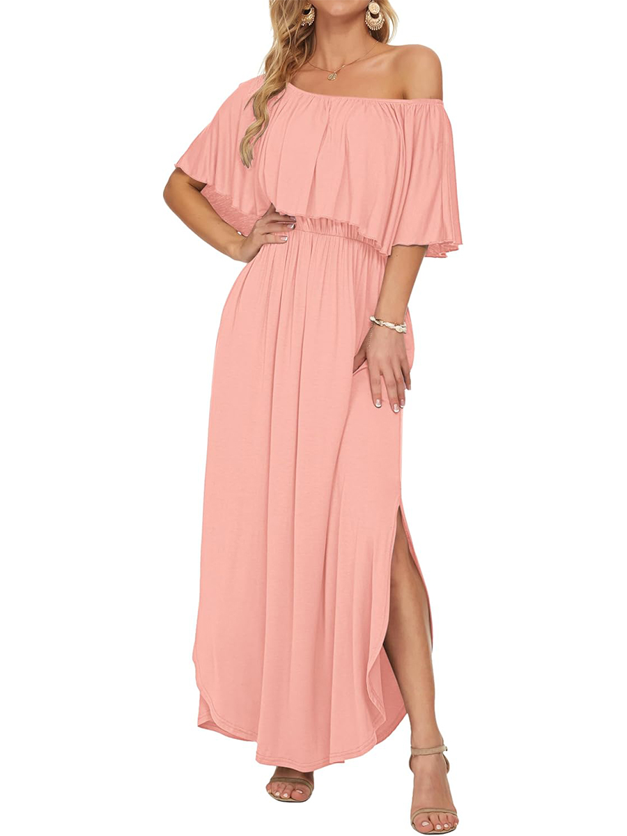Women's Summer Casual Off Shoulder Ruffle Side Split Maxi Dresses with Pockets