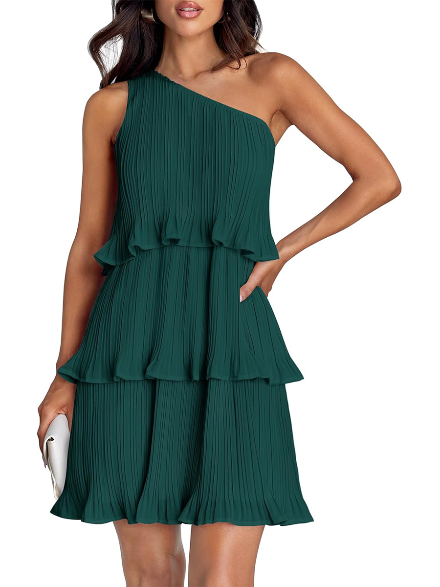 Women's Summer One Shoulder Ruffle Tiered Layered Chiffon Flowy A Line Dress
