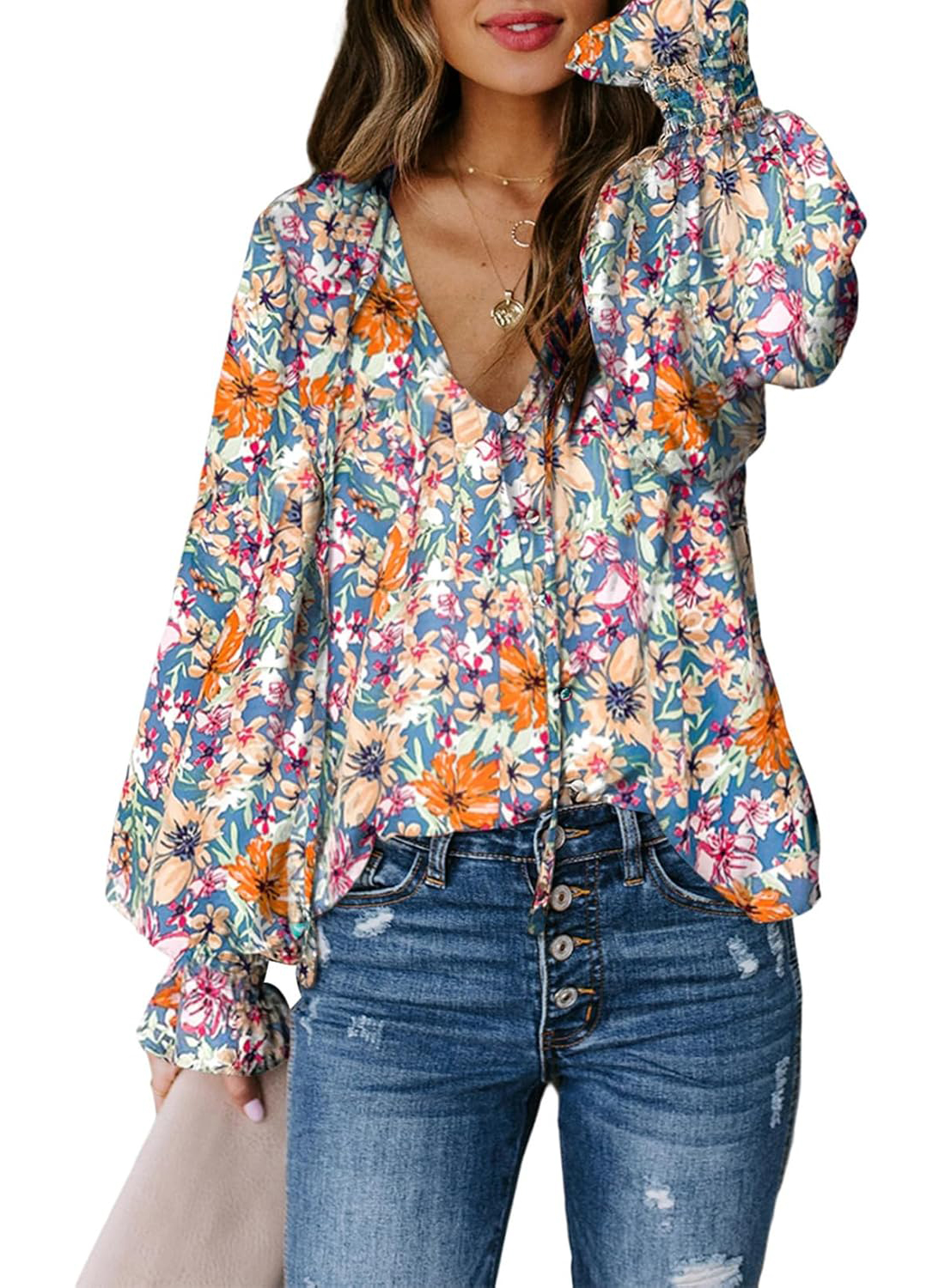 Women's Boho Floral Print V Neck Long Sleeve Drawstring Button Blouses
