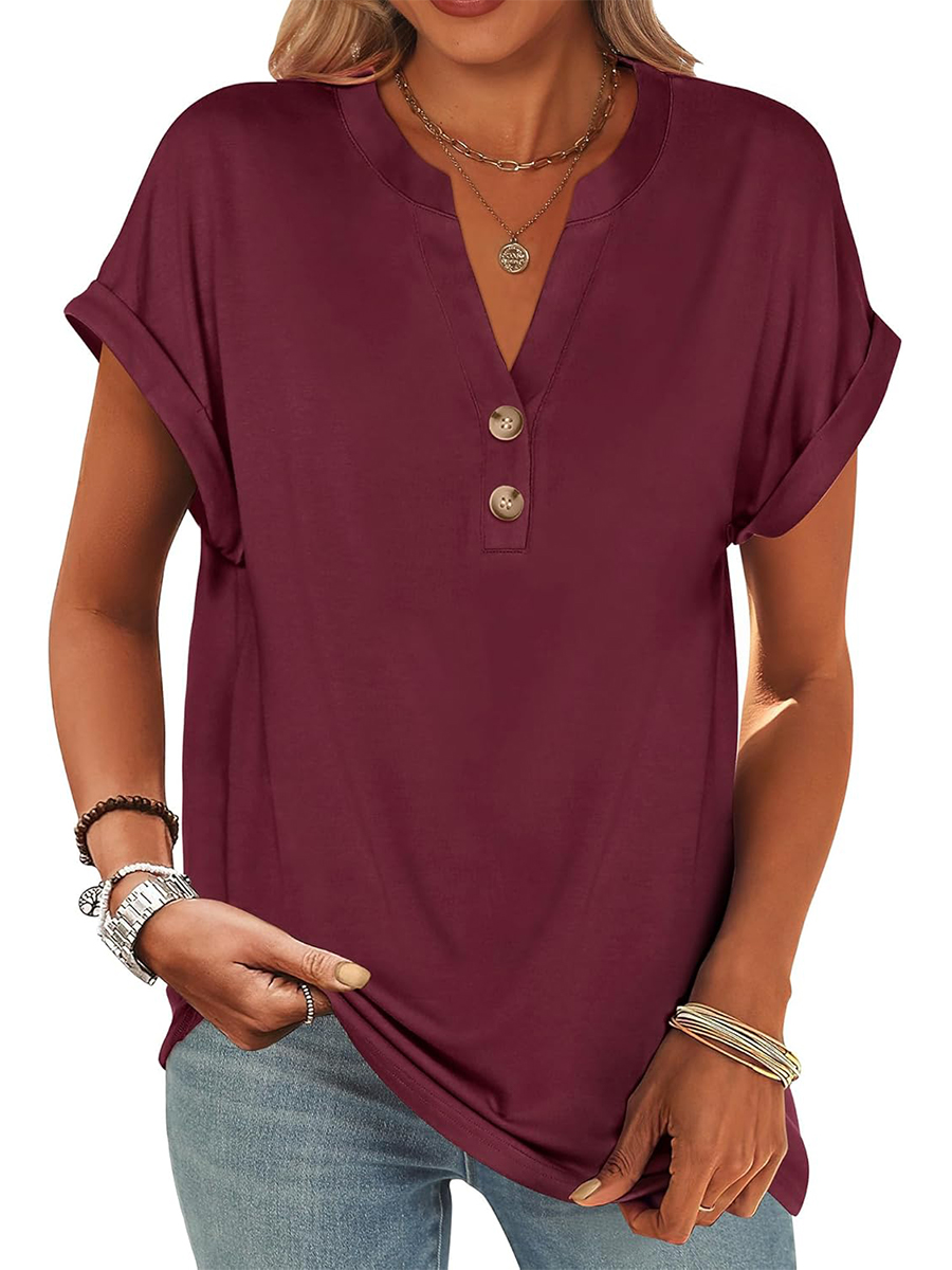 Women's V Neck Button Casual Loose Fit Short Sleeve Shirts Henley Tops