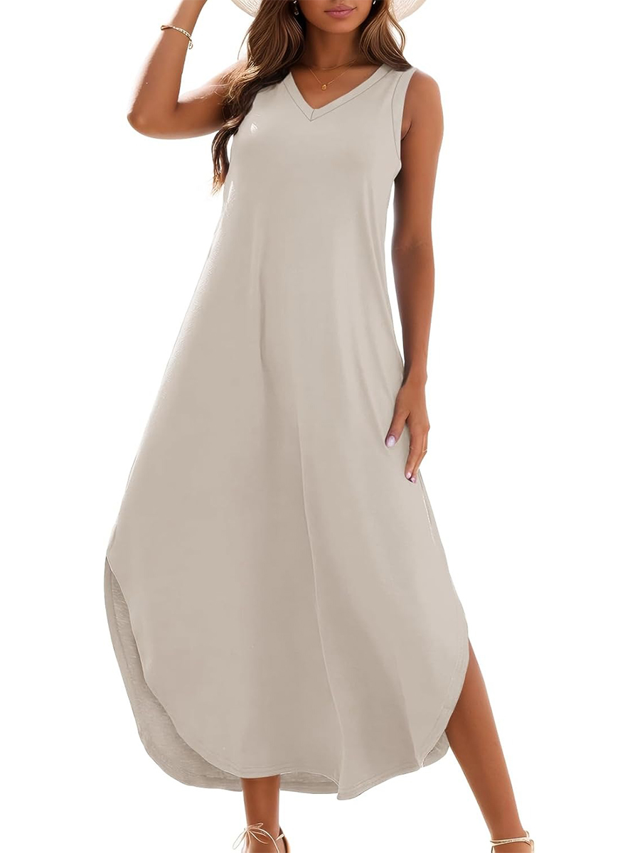 Women's Summer Casual Loose Sleeveless V Neck Split Tank Long Dress with Pockets
