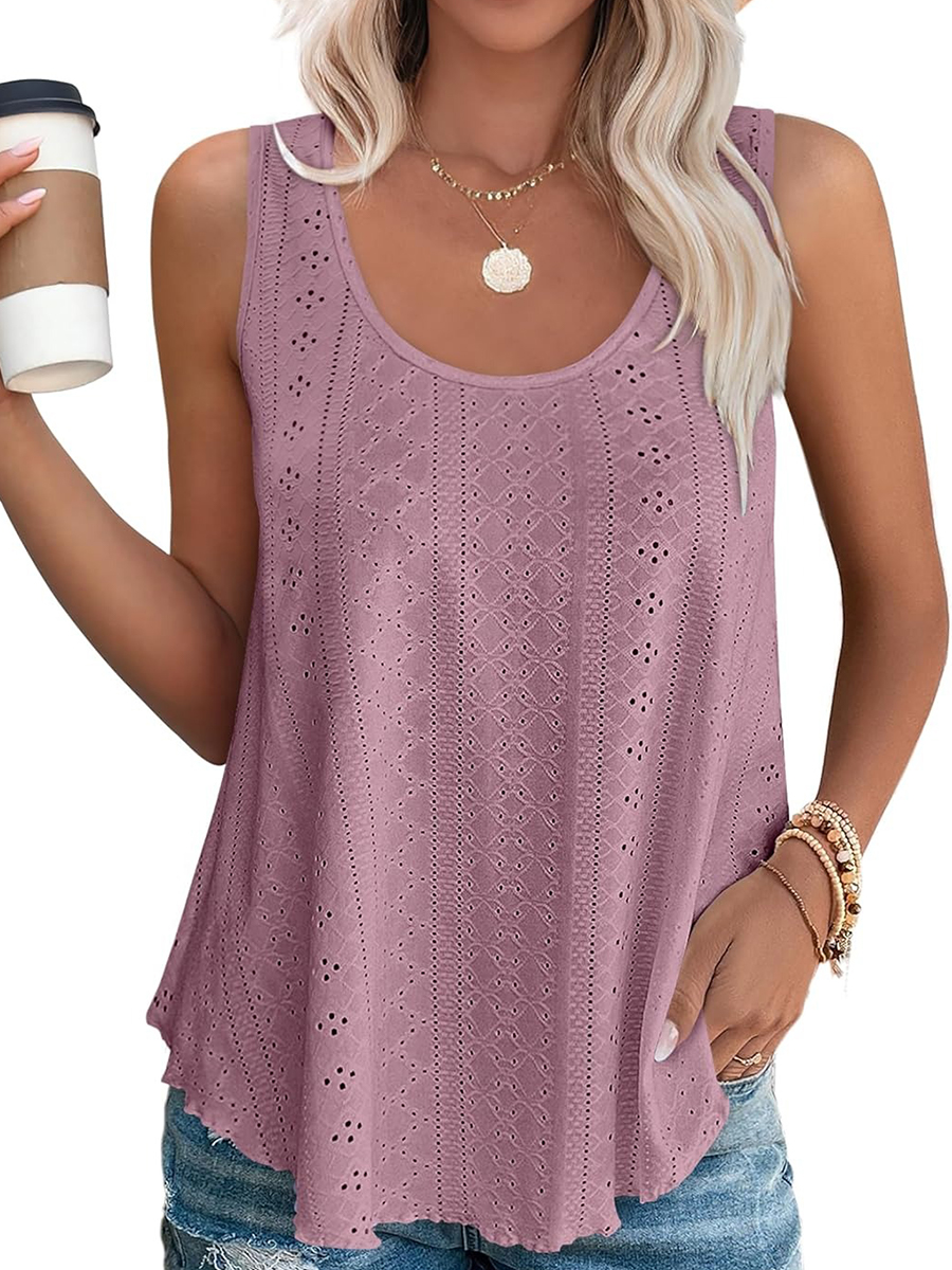 Women's Casual Loose Scoop Neck Wide Strap Eyelet Tank Tops
