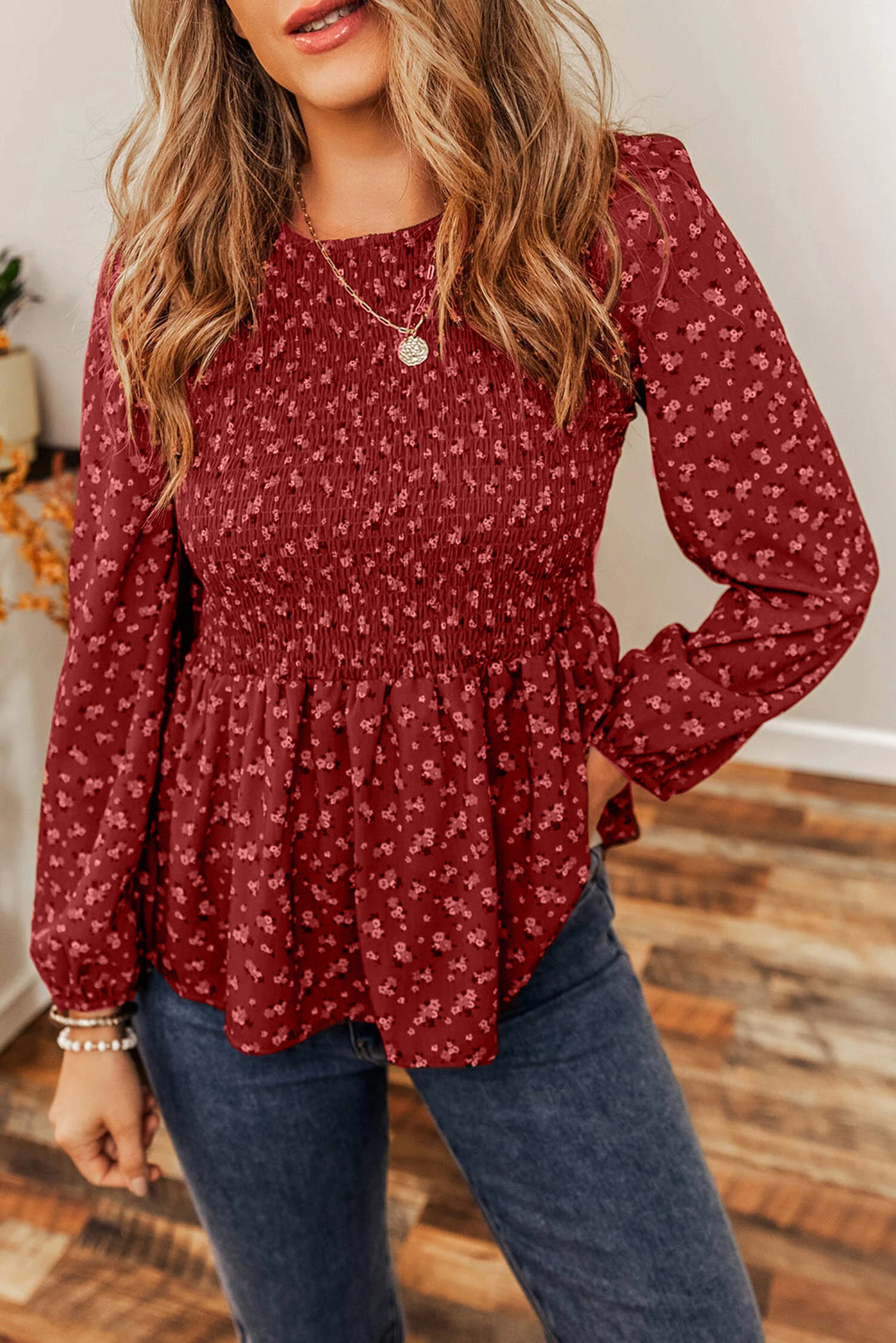 Ditsy Floral Print Boho Smocked Ruffled Peplum Blouse(Buy 2 Free Shipping)