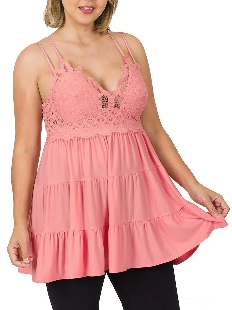 Women's Crochet Lace Ruffle Cami Tiered Ruffle Dress with Pads