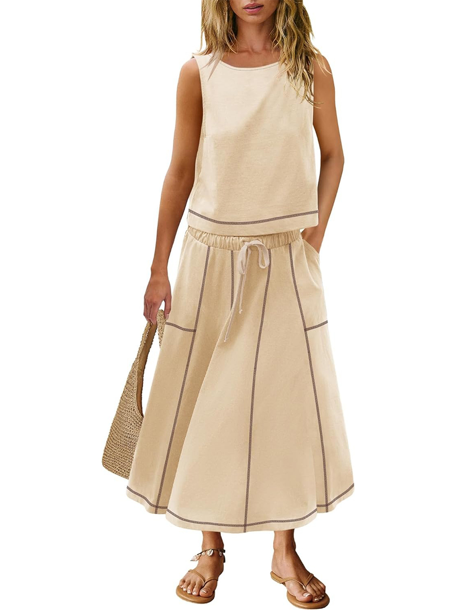 Women's Casual Seam Tank Top and Drawsting Pockets Skirt 2 Piece Set