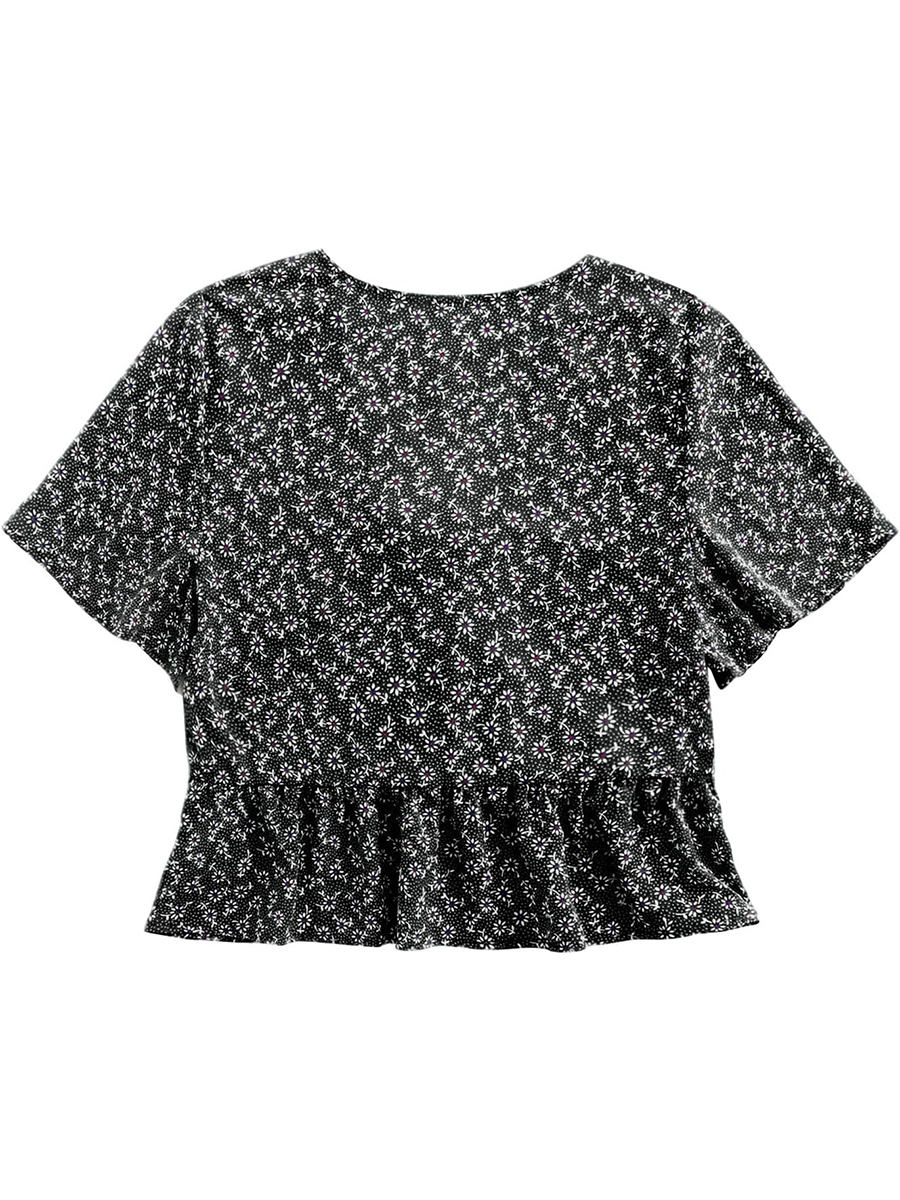 Women's Floral Print V Neck Tie Knot Ruffle Hem Short Sleeve Top