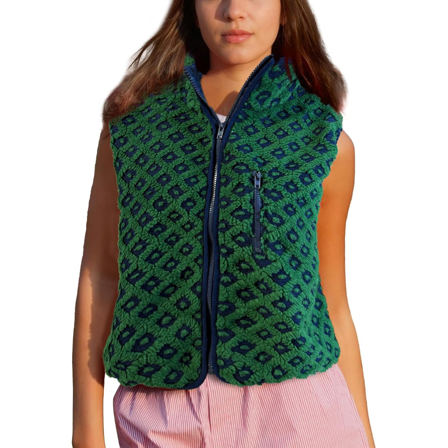 Women's Trendy Plaid High Neck Sherpa Zipper Vest Fleece Jacket