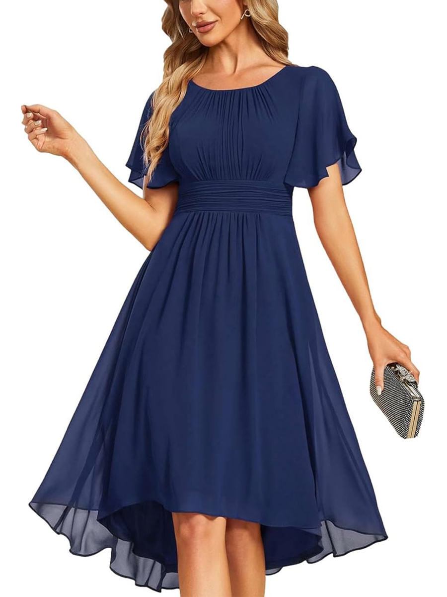 Women's Crew Neck Pleated Ruffle Short Sleeve Dress