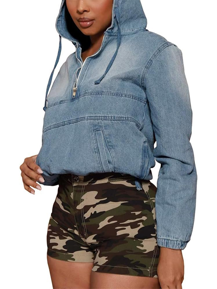 Women's Half Zip Denim Hoodie Pullover Jean Tops