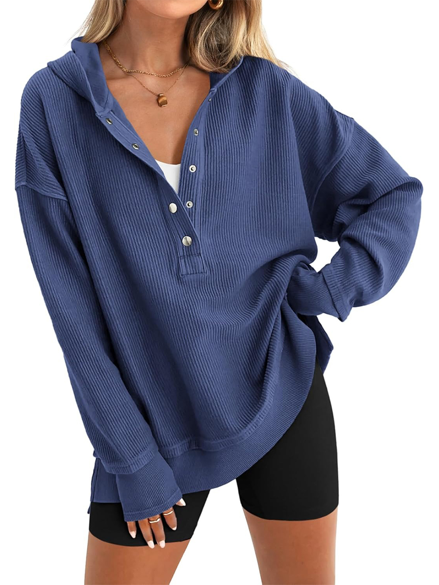 Women's Oversized Button Down V Neck Sweatshirt Side Slit Hoodie