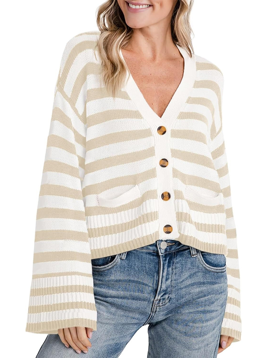 Women's Striped Cropped Button Open Front Long Sleeve Knit Cardigan Sweater
