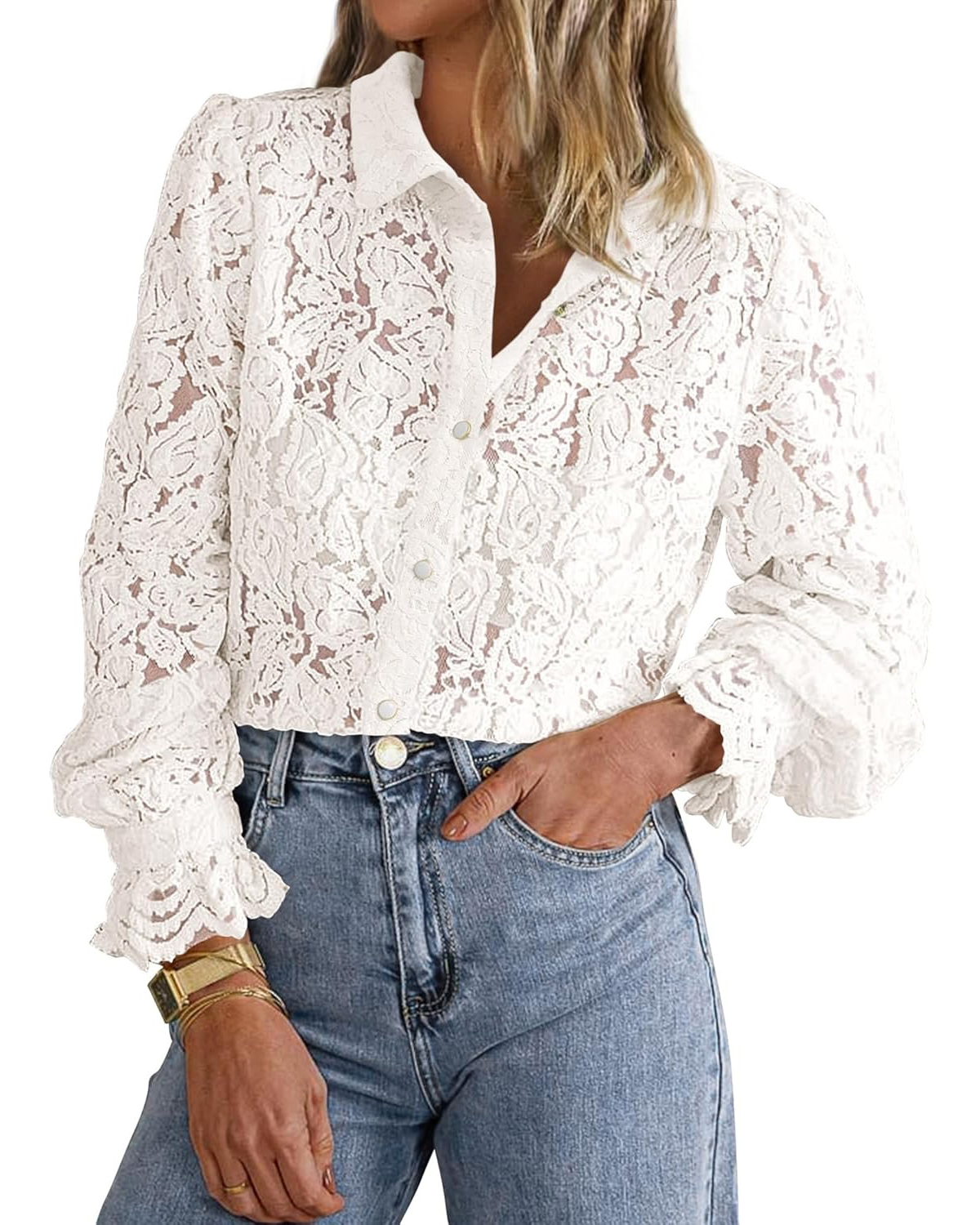 Women's Casual Dressy Lace Button Down Long Sleeve Shirts