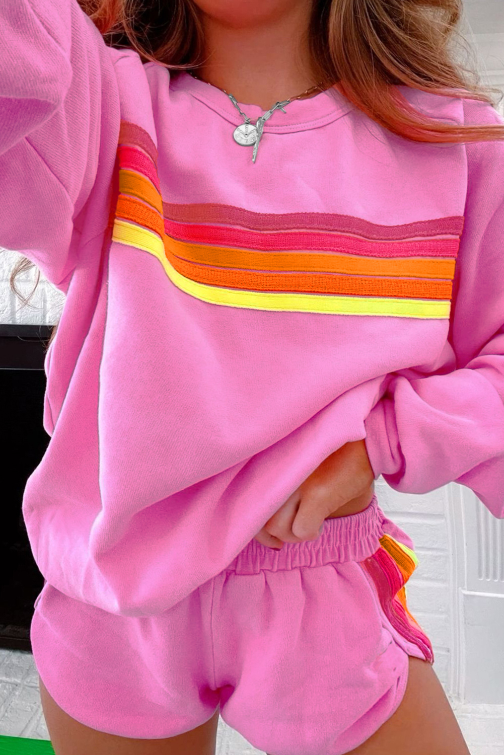 Women's Striped Oversized Sweatshirt Shorts Two-Piece Set