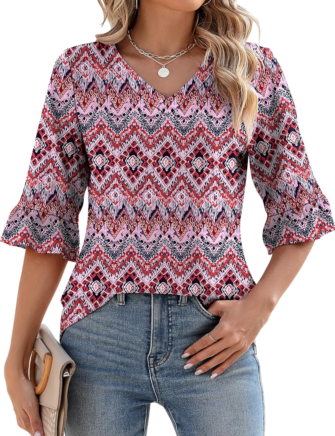 Womens 3/4 Length Sleeve V-Neck Eyelet Casual Ruffle Sleeve Tunic Blouses