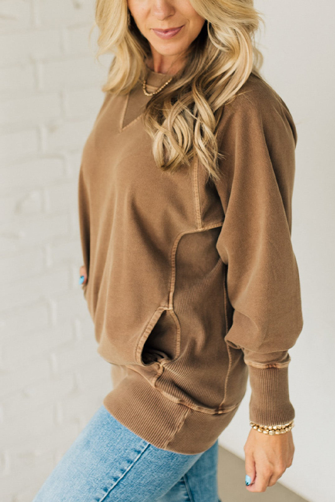 Ribbed Accent Pocketed Pullover