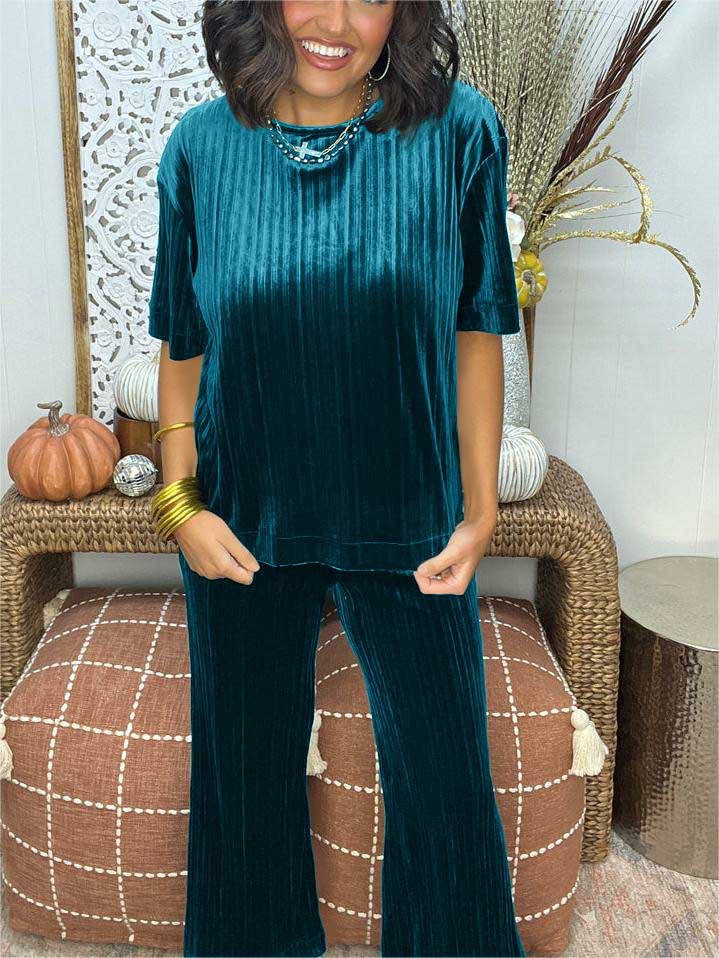 Velvet Pleat Detail Top And Pant Set (Buy 2 Free Shipping)