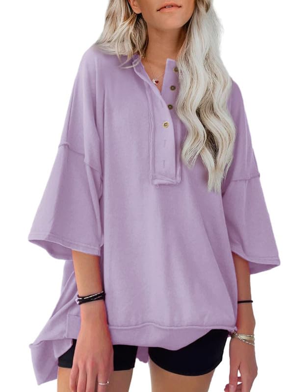 NEW🔥 Women's  Oversized T Shirts Casual Short Sleeve Henley Neck Tees(BUY 2 FREE SHIPPING)