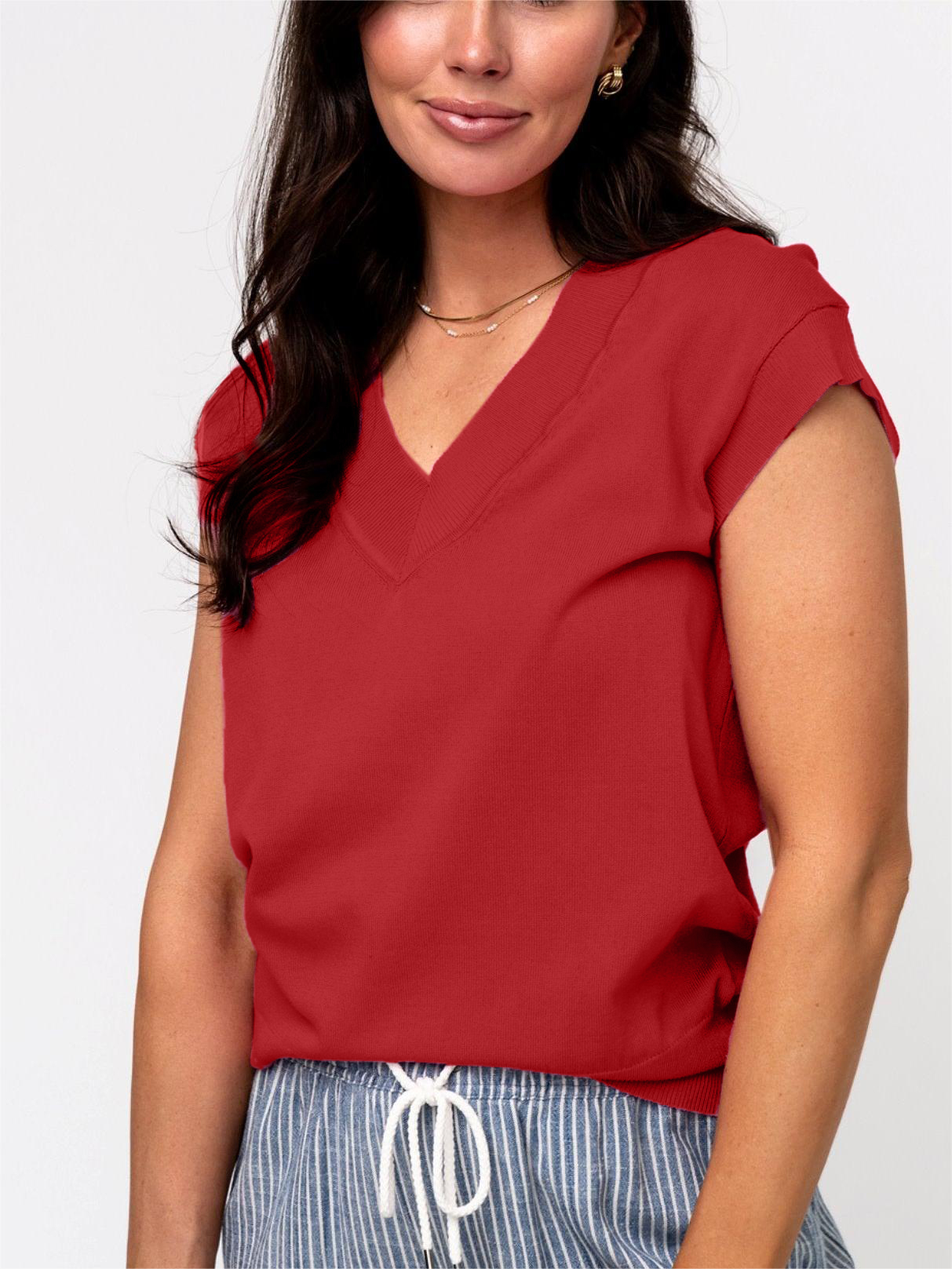 Womens  V Neck Cap Sleeve Basic Tops 💥Buy 3 Free Shipping