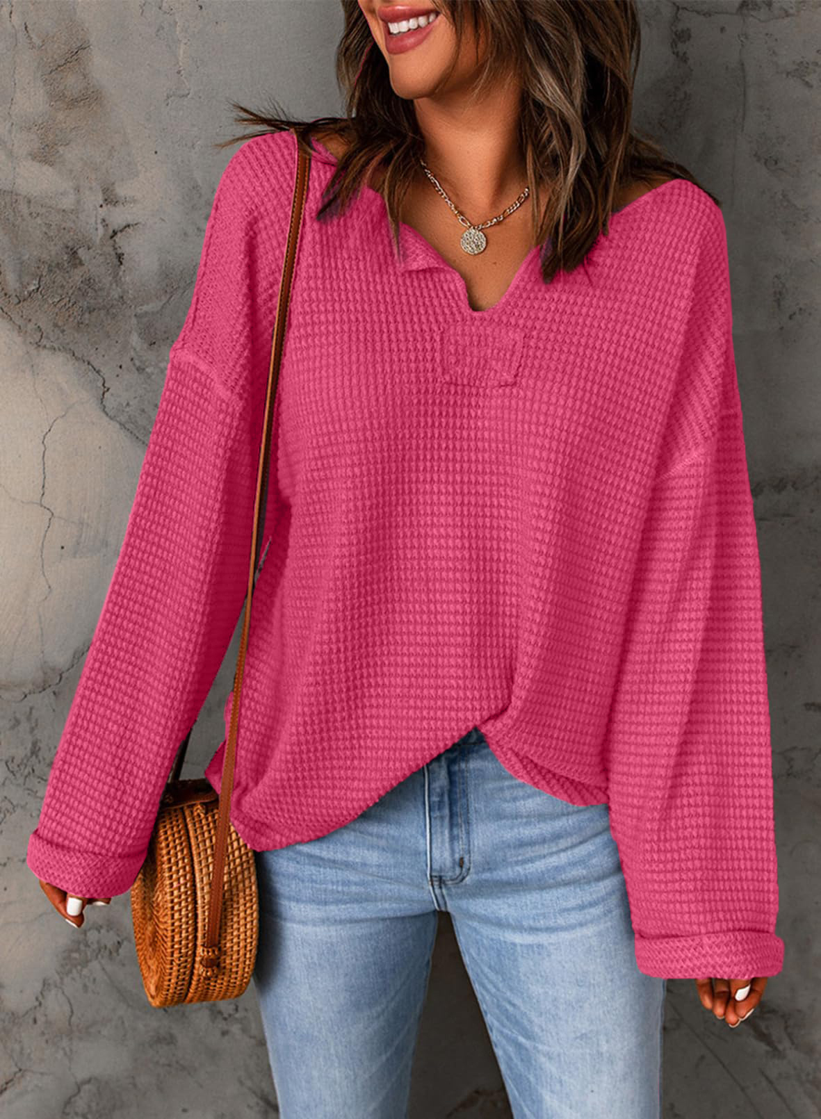 Casual Notched Neck Drop Shoulder Waffle Knit Top