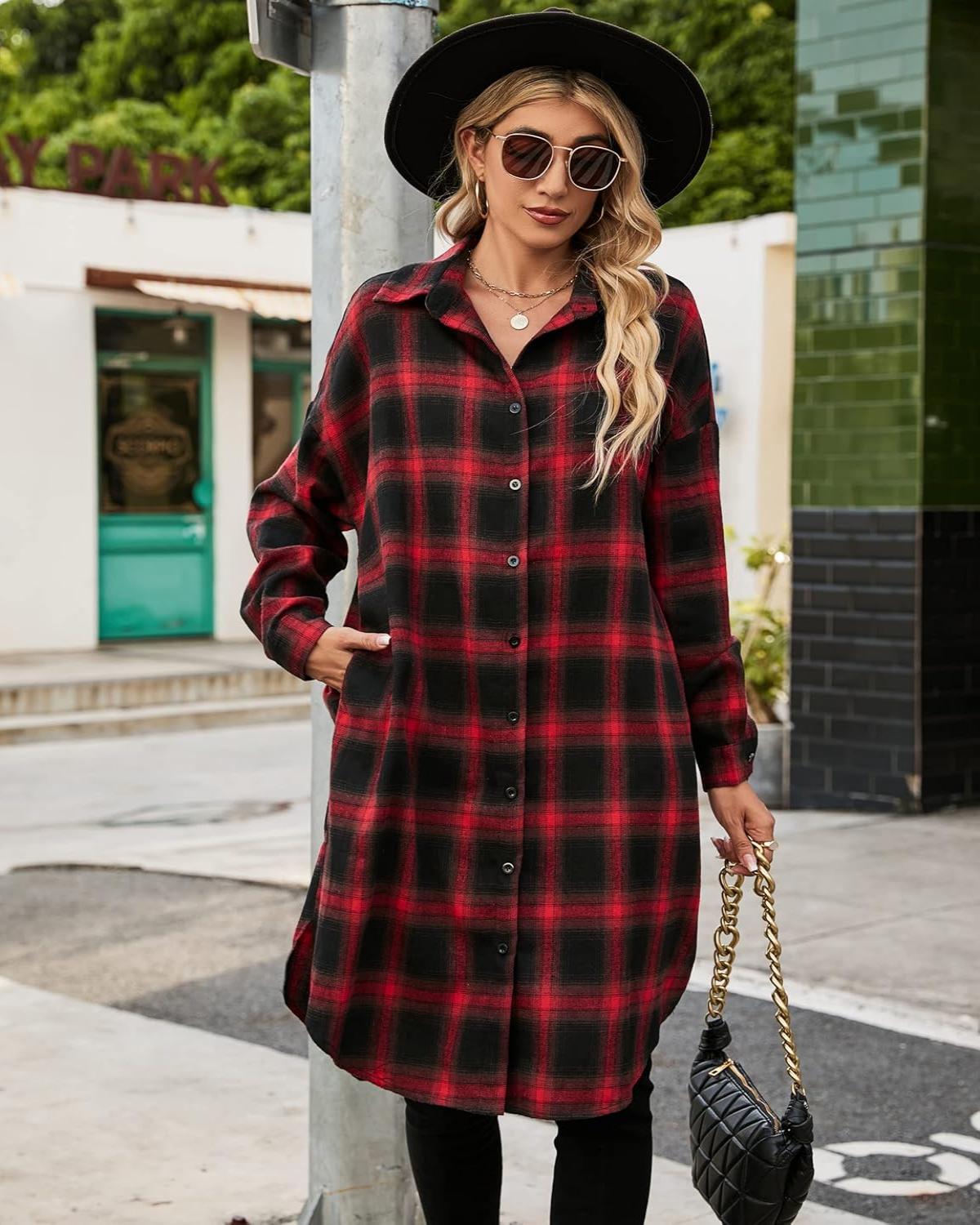 Women's Button Down Flannel Shirts Plaid Shacket  Collared Long Jacket Coats