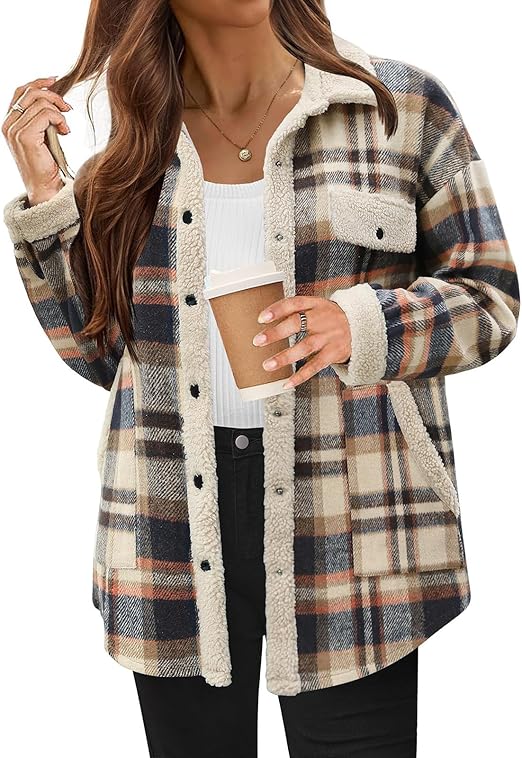 ⏰Hot Sale-Women's Fleece Flannel Button Down Plaid Shacket Jacket(BUY 2 FREE SHIPPING)