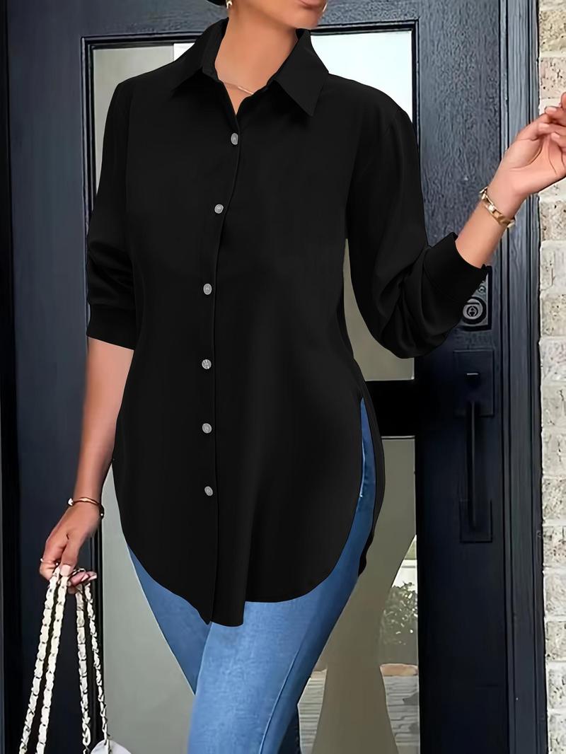 Women's Plain Button Front Split Side Shirt