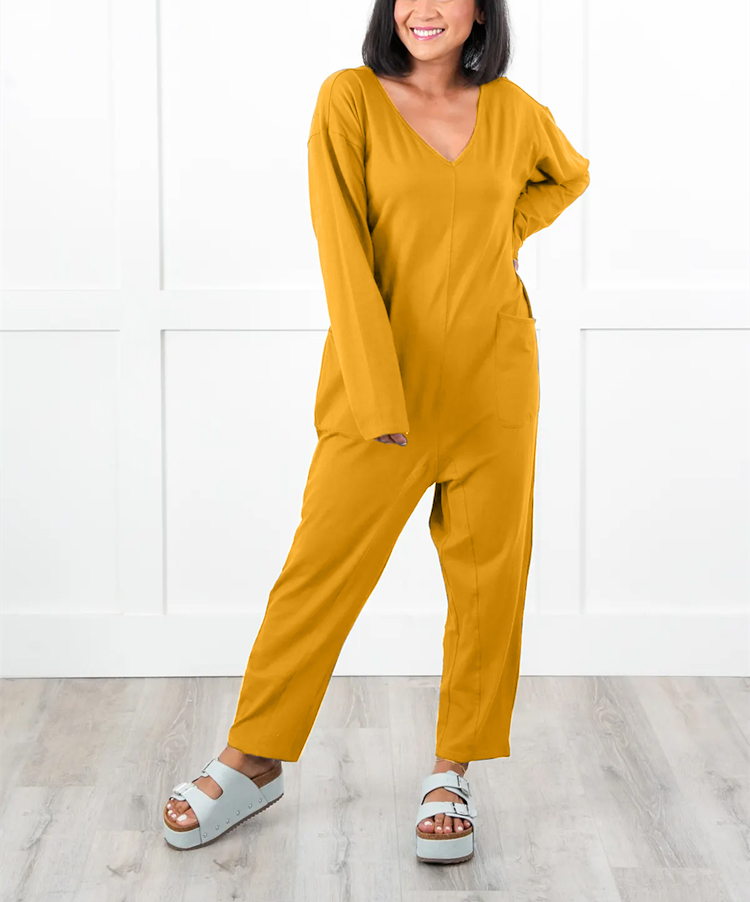 Solid Long Sleeve V Neck Jumpsuit With Patch Pockets (Multiple Colors)