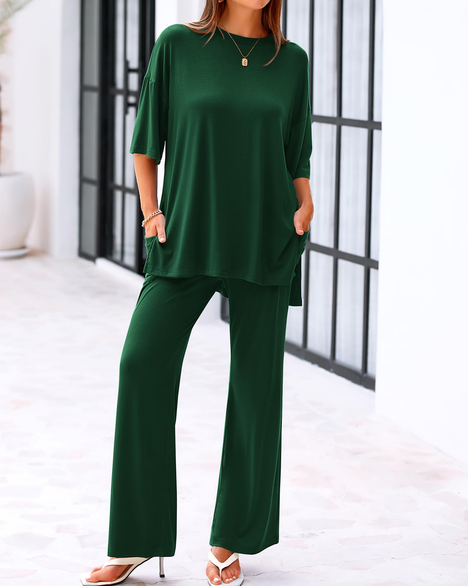 Casual 2-Piece Loose-Fit Short Sleeve Top & Wide-Leg Pants Set with Pockets (buy 2 free shipping!!!)