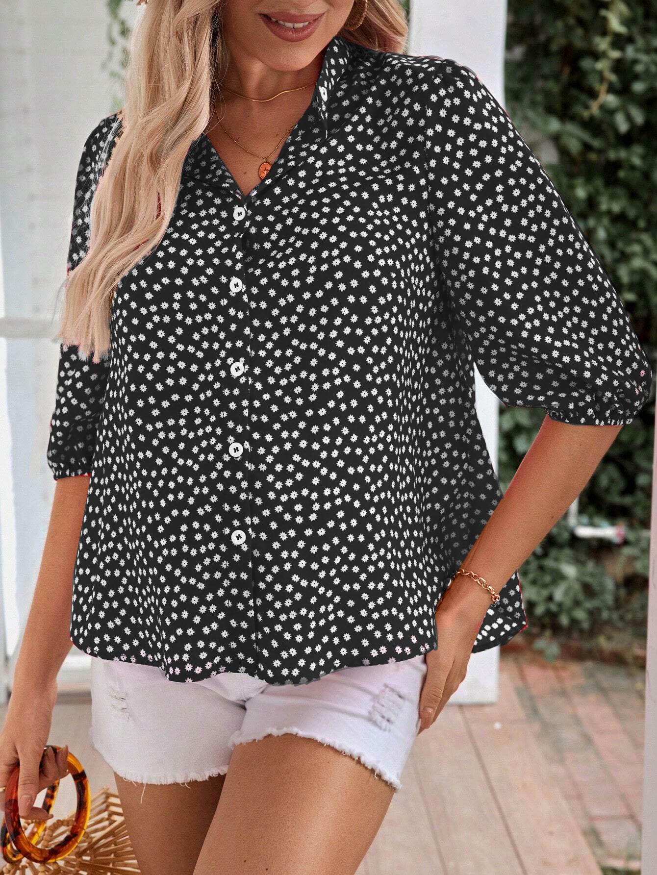 Women's Floral Print Half Sleeve Button Down Shirt Blouse (BUY 2 FREE SHIPPING)