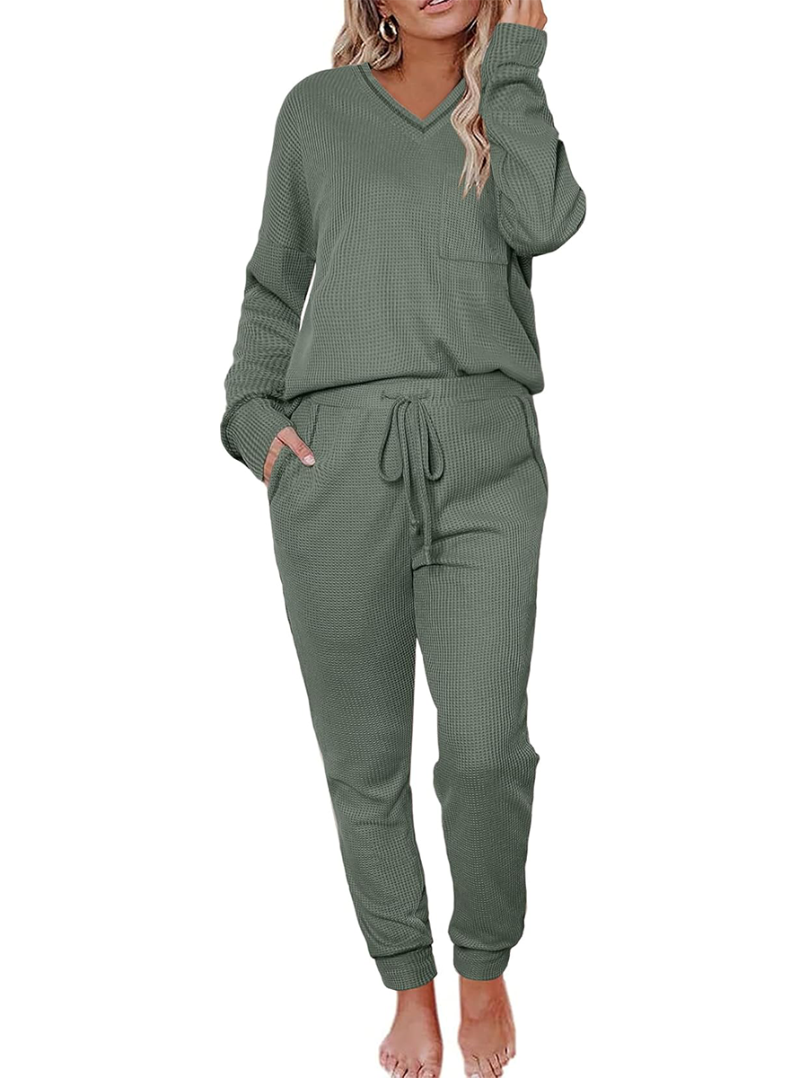 Women's V Neck Waffle Knit Sleepwear Top and Pant Lounge Sets
