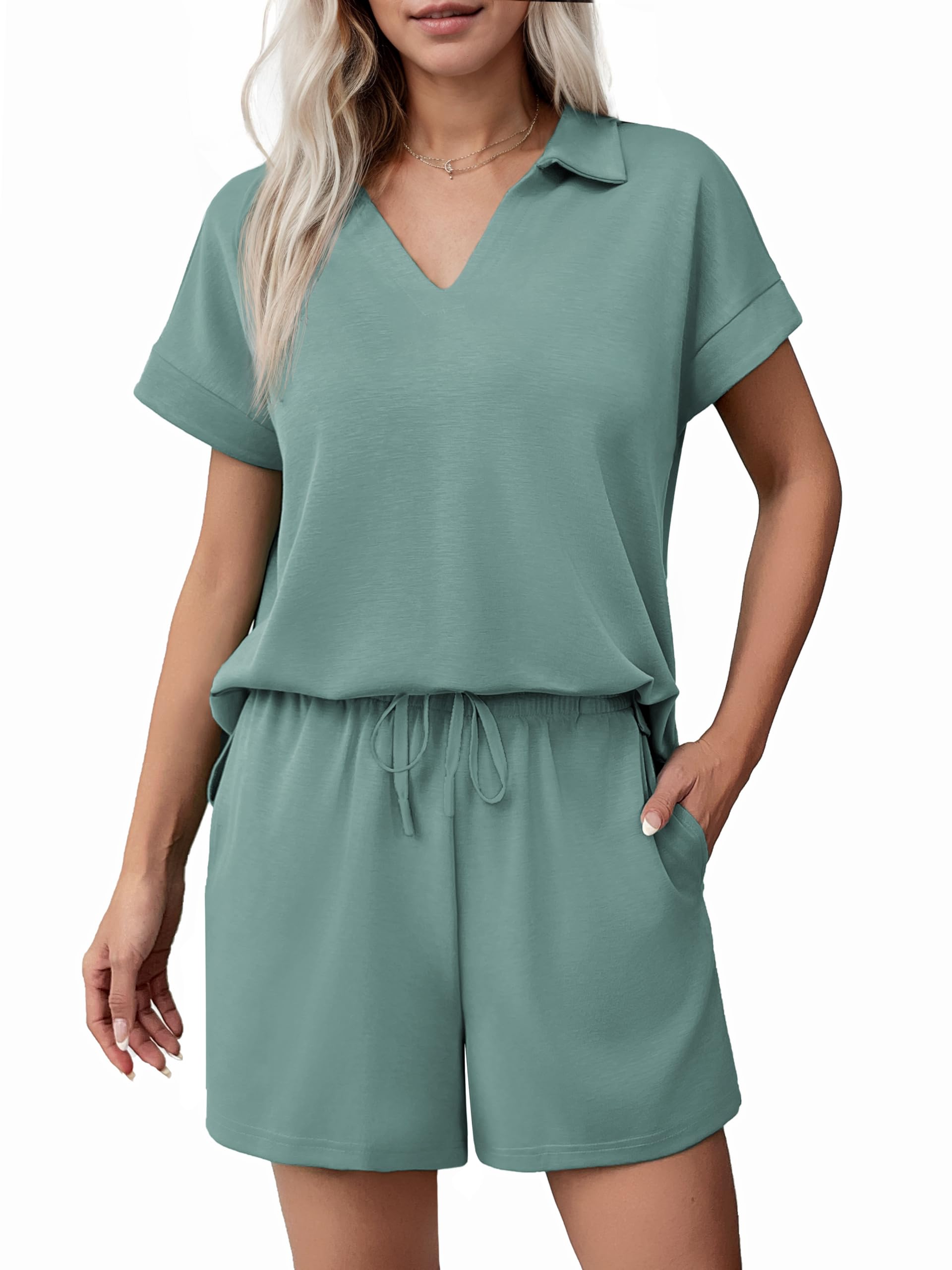 Women Summer Lounge Sets Short Sleeve Sweatshirt V-neck Tops and Drawstring Shorts Outfits Tracksuit (BUY 2 FREE SHIPPING!!!)