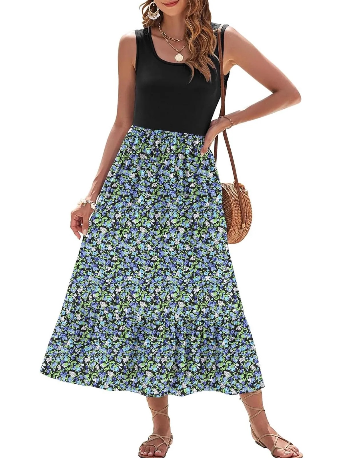 HOT SALE Women's Printed Casual Sleeveless Square Neck Printed Multi-Layer Pocket Dress