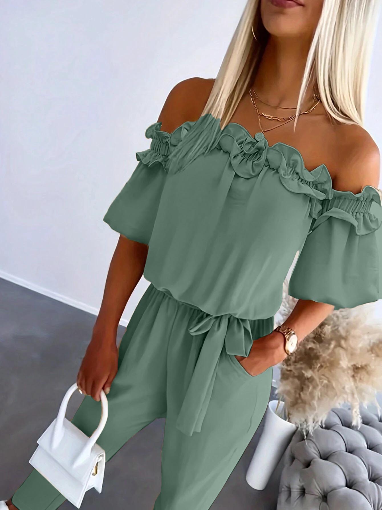 Women's Solid Color Off-Shoulder Short Sleeve Pleated Casual Jumpsuit (Buy 2 Free Shipping!!!)