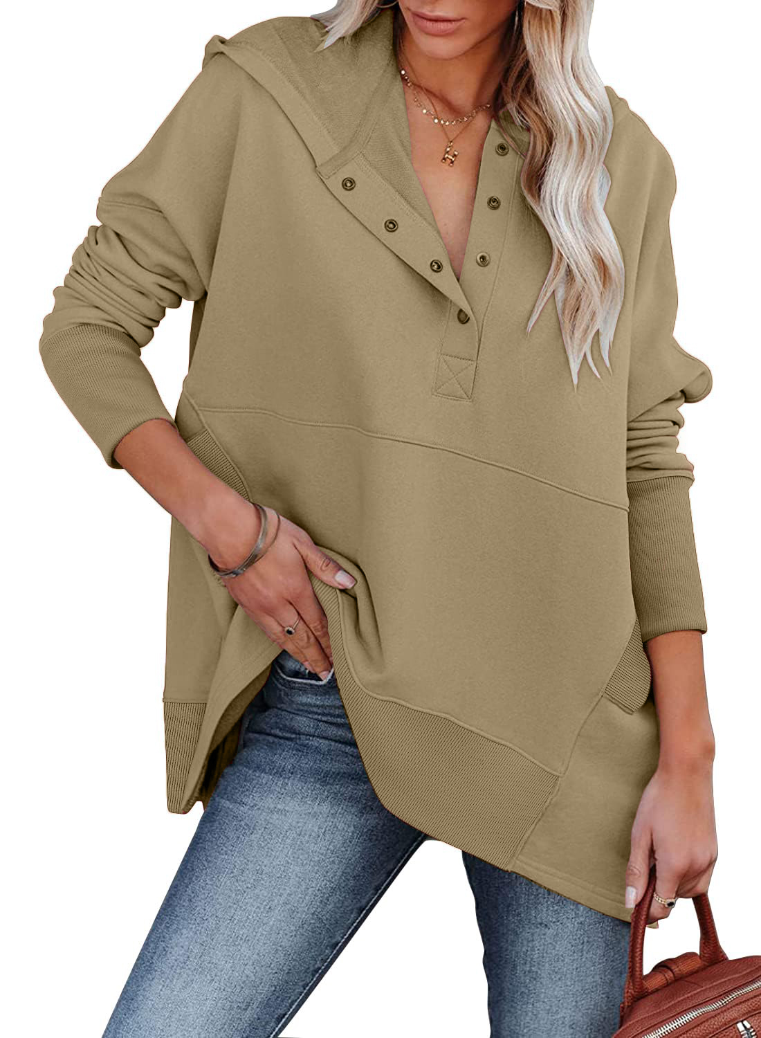 Women's Oversized Button Collar Long Sleeve Sweatshirt With Pocket (BUY 2 10% OFF)